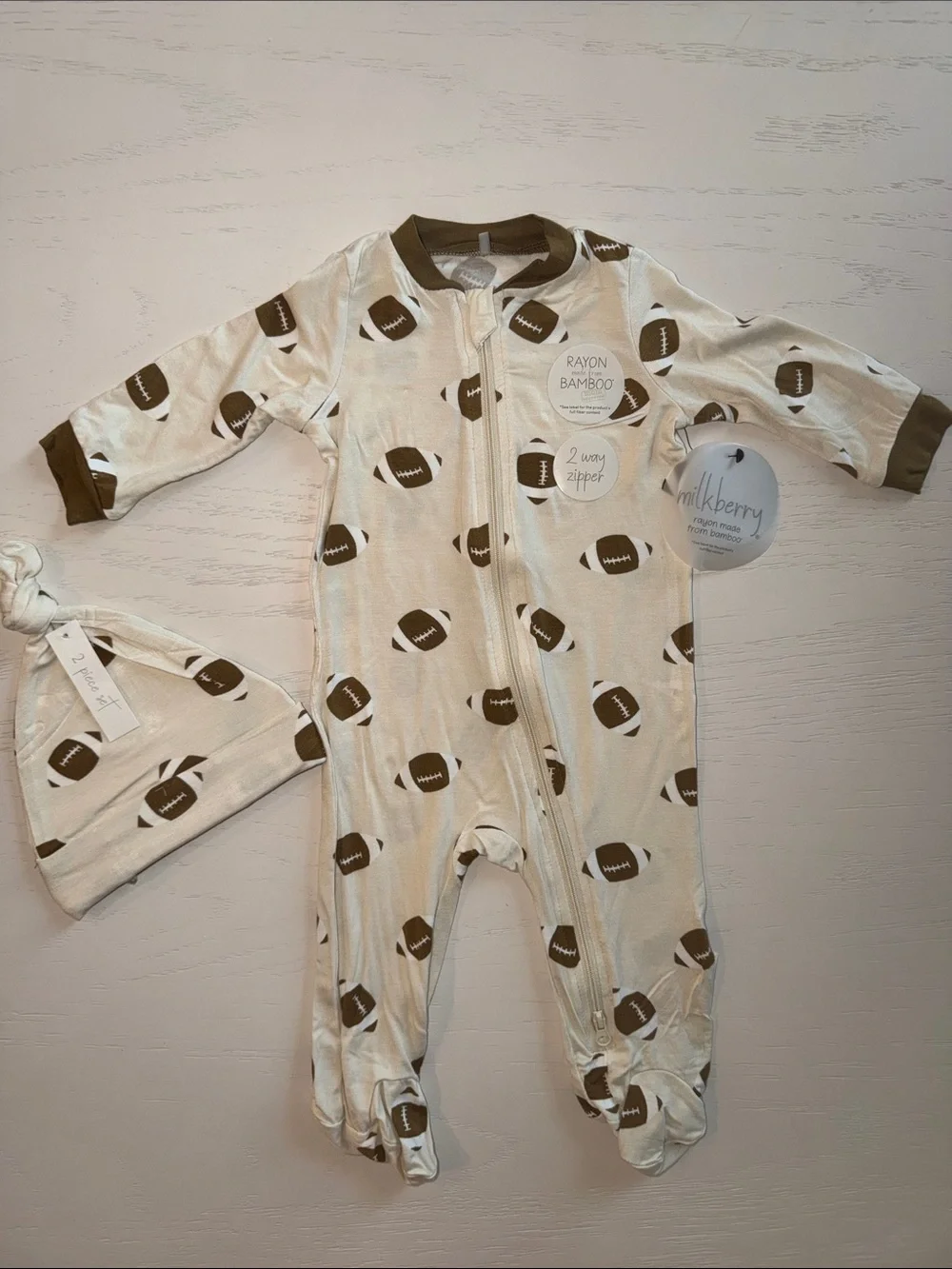 Milkberry Cream Football Print Footie with Hat 0-3 3-6 6-9 months